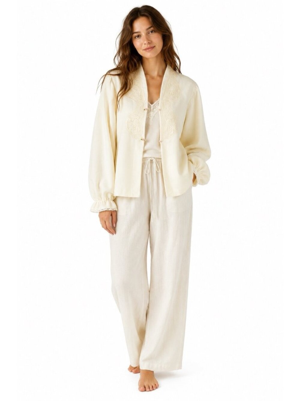 vintage VANITY FAIR bed jacket fleece ivory LARGE boudoir romantic cottagecore